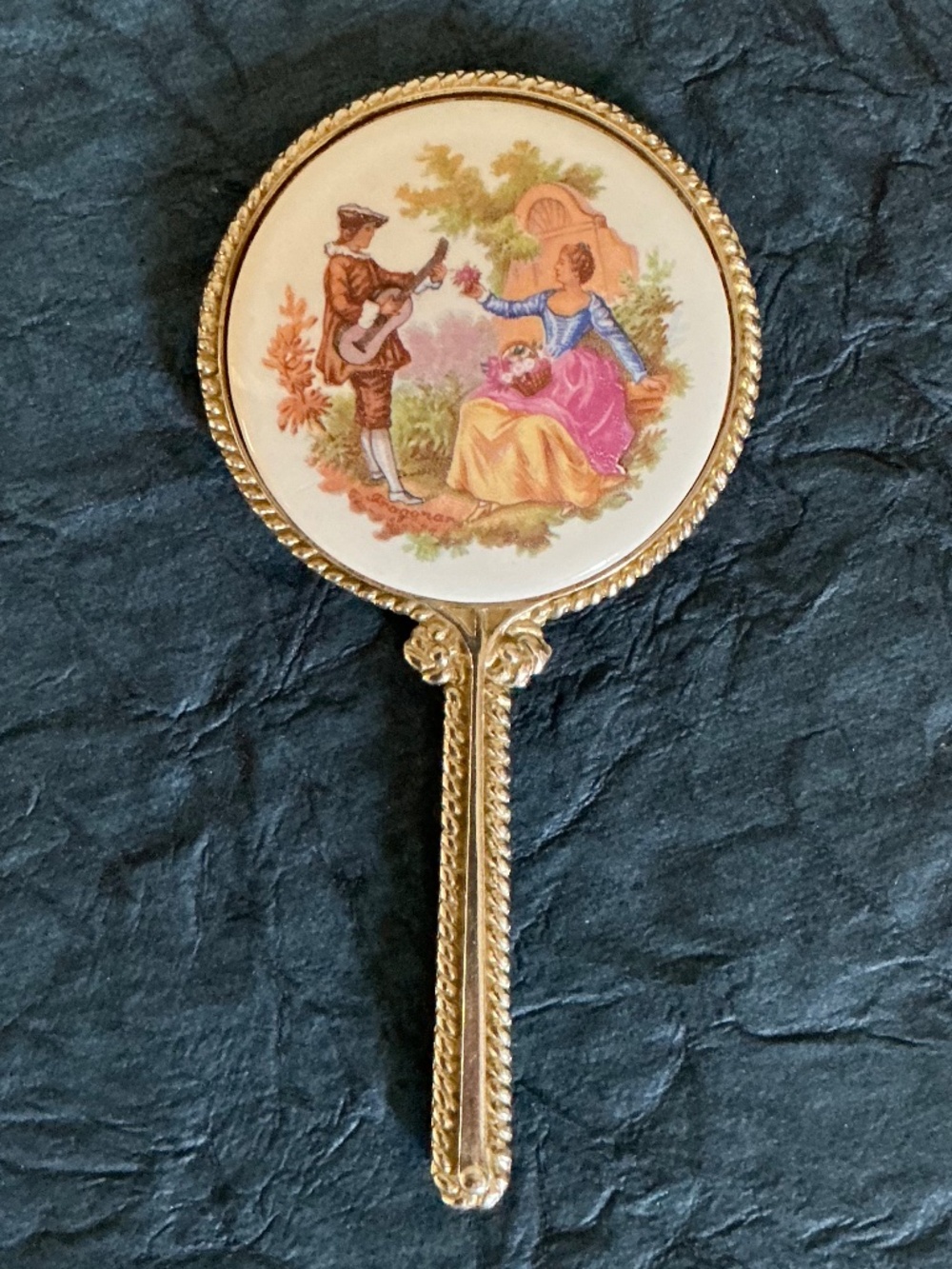 Vintage Limoges Fragonard Miniature Hand Mirror Purse Compact Gold Tone Brass